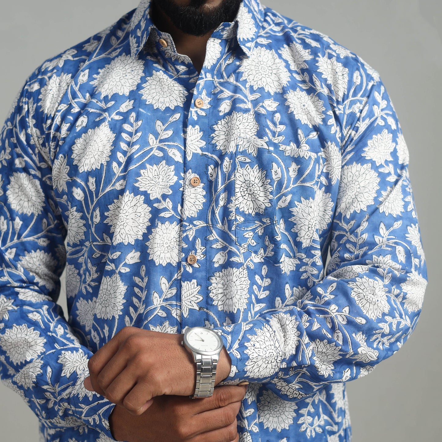 Blue - Full Sleeve Cotton Men Sanganeri Print Shirt 07