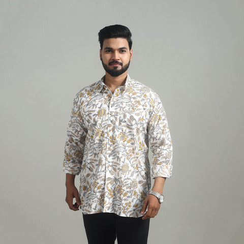 White - Full Sleeve Cotton Men Sanganeri Print Shirt 08