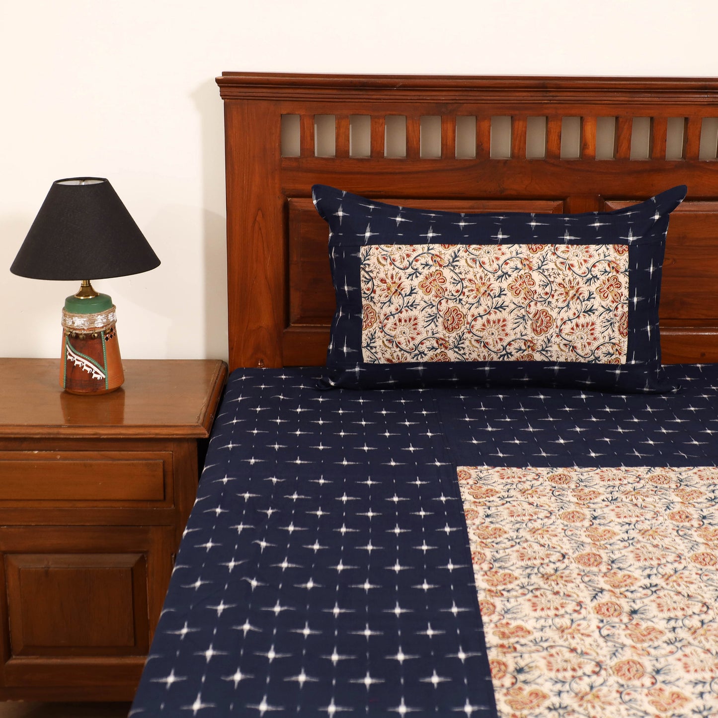 Pochampally Ikat with Kalamkari Patch Cotton Double Bedsheet Set (108 x 90 in) 05