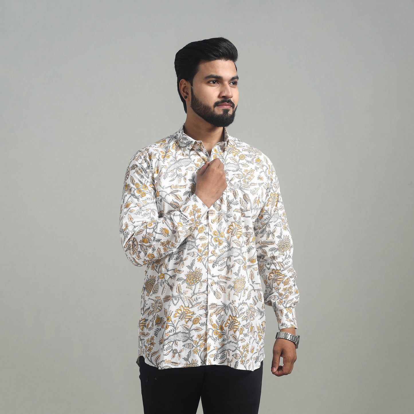 White - Full Sleeve Cotton Men Sanganeri Print Shirt 08