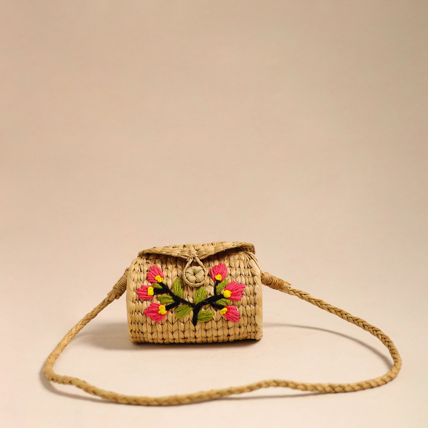 Beige Handcrafted Natural Water Reed Embroidered Sling Bag