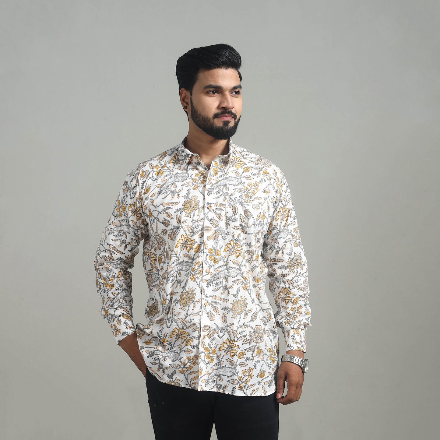 White - Full Sleeve Cotton Men Sanganeri Print Shirt 08