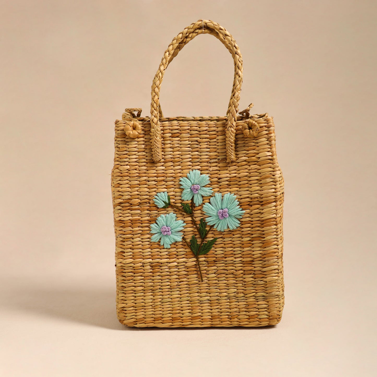 Beige Handcrafted Water Reed Sky Blue Embroidered Shopping Hand Bag