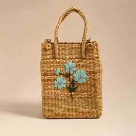 Beige Handcrafted Water Reed Sky Blue Embroidered Shopping Hand Bag
