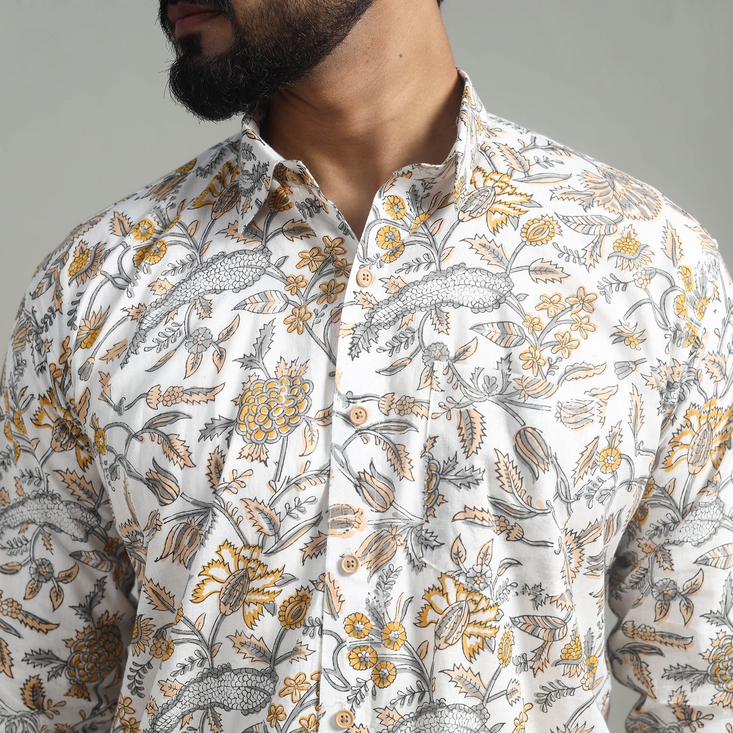 White - Full Sleeve Cotton Men Sanganeri Print Shirt 08