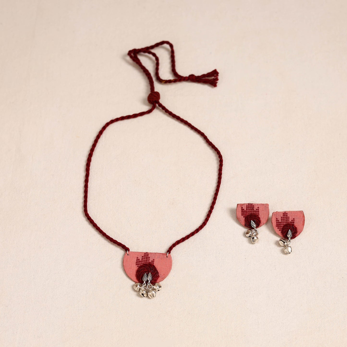 Pink - thread work gs fabart necklace set 05 - handcrafted