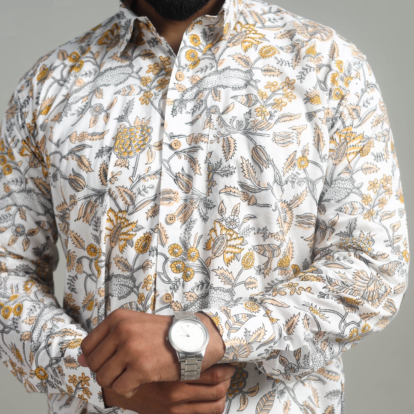 White - Full Sleeve Cotton Men Sanganeri Print Shirt 08