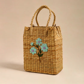 Beige Handcrafted Water Reed Sky Blue Embroidered Shopping Hand Bag