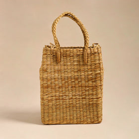 Beige Handcrafted Water Reed Sky Blue Embroidered Shopping Hand Bag