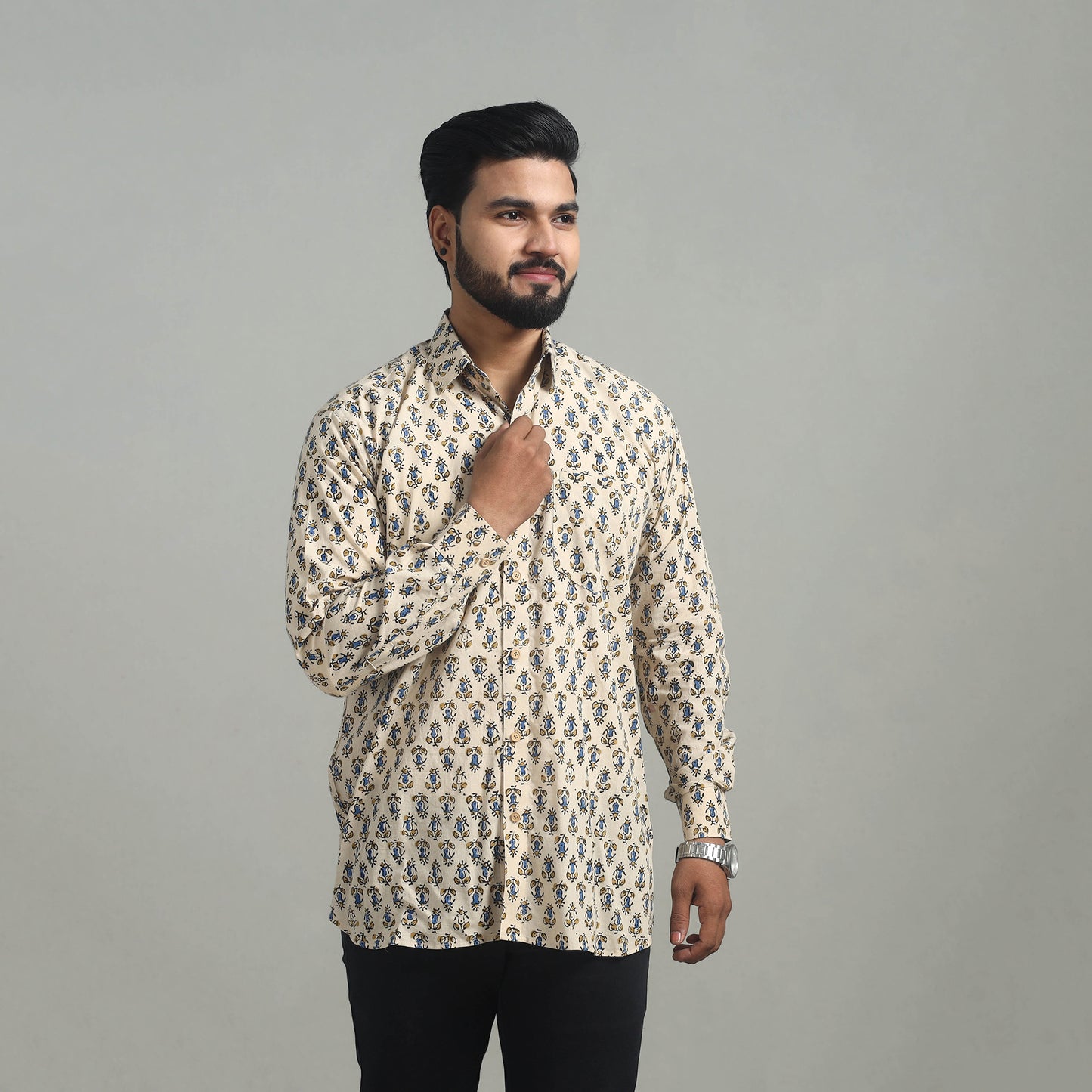 Beige - Natural Dyed Cotton Men Ajrakh Print Shirt 05