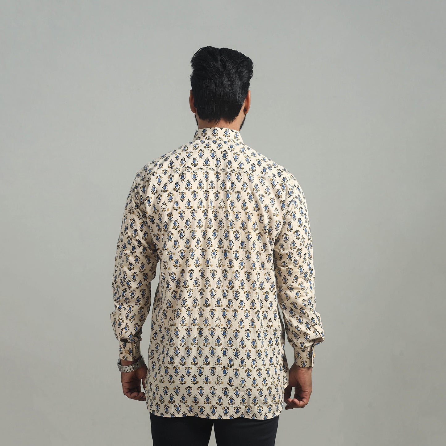 Beige - Natural Dyed Cotton Men Ajrakh Print Shirt 05