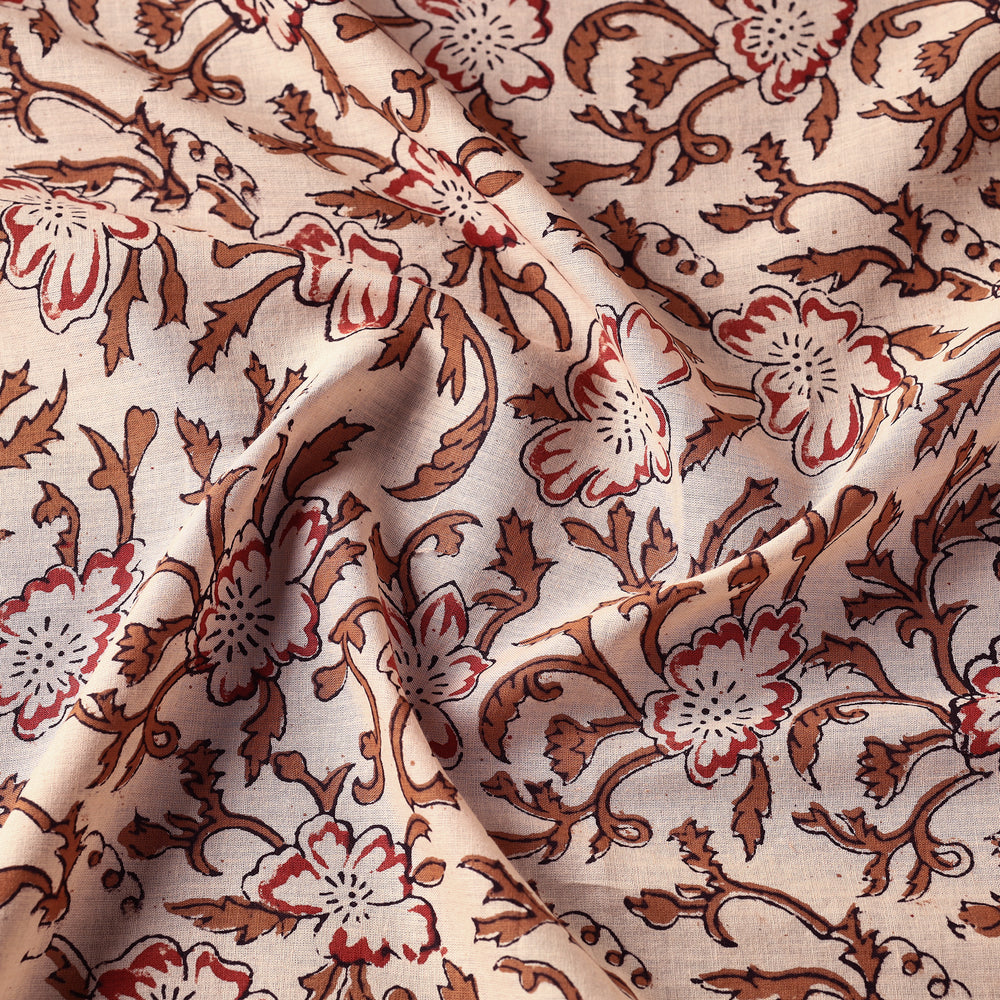 Beige - Sanganeri Block Printed Mul Cotton Fabric