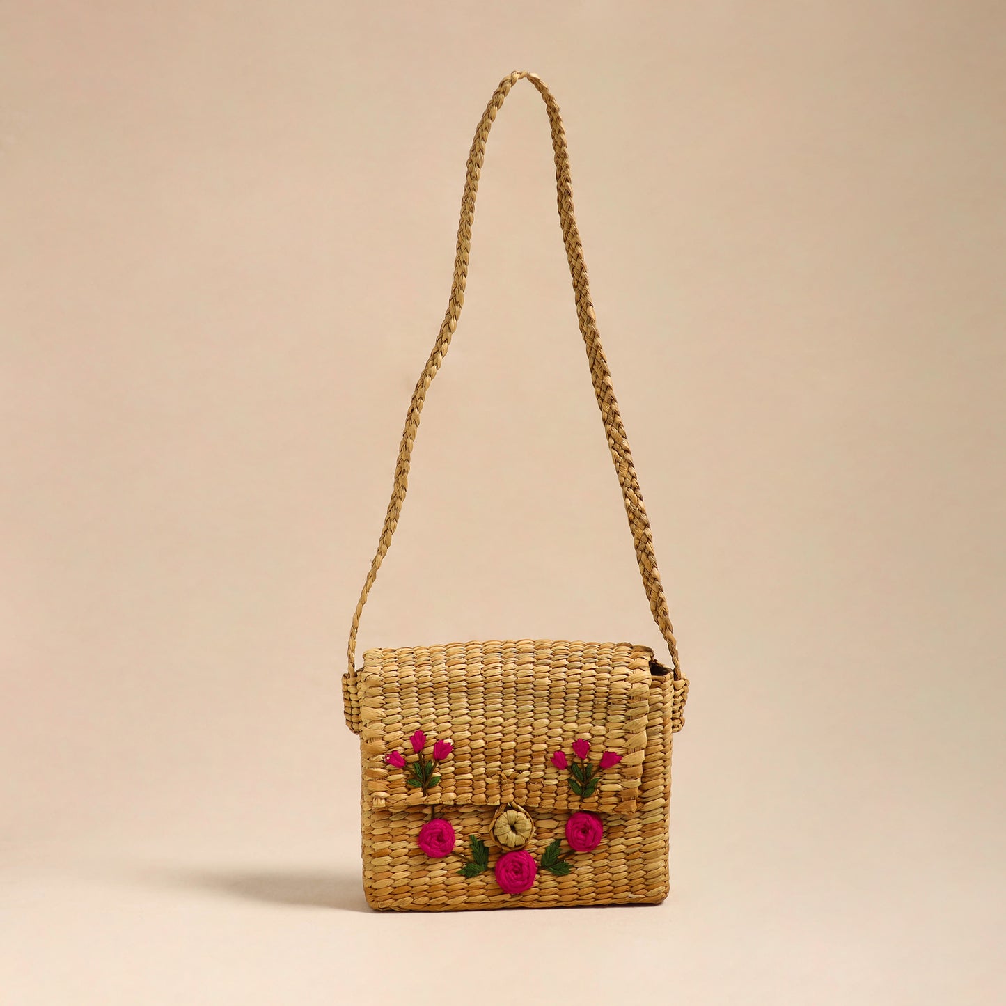 Pink Handcrafted Natural Water Reed Embroidered Sling Bag 