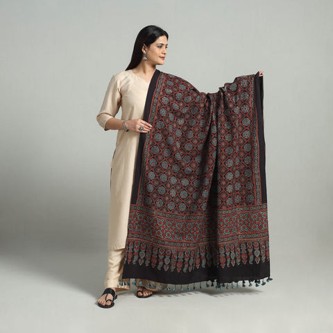 Black - Hand Block Printed Cotton Ajrakh Dupatta 12