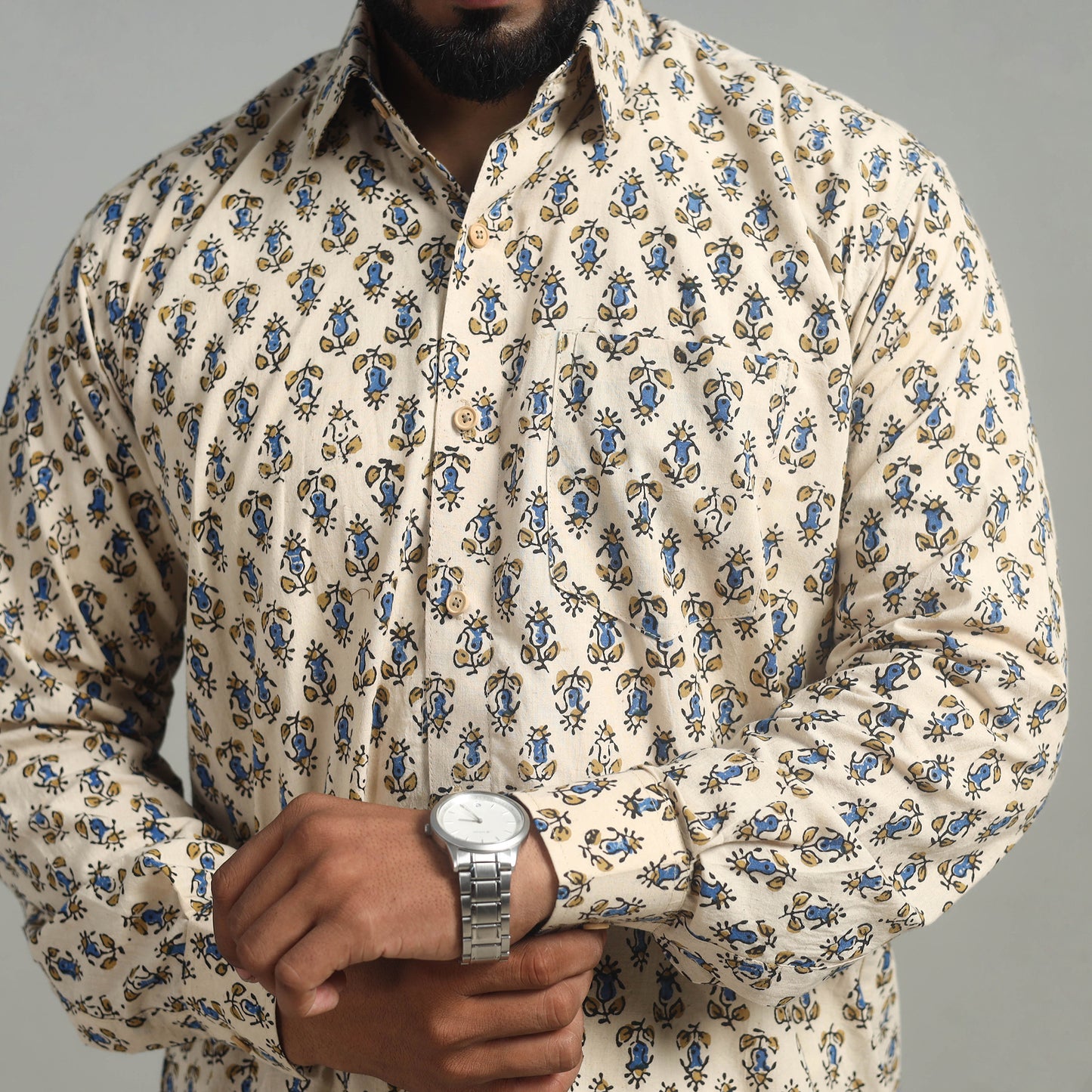 Beige - Natural Dyed Cotton Men Ajrakh Print Shirt 05