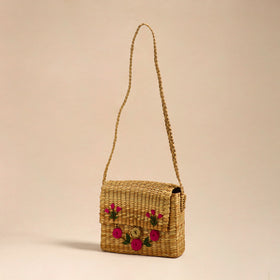 Pink Handcrafted Natural Water Reed Embroidered Sling Bag 