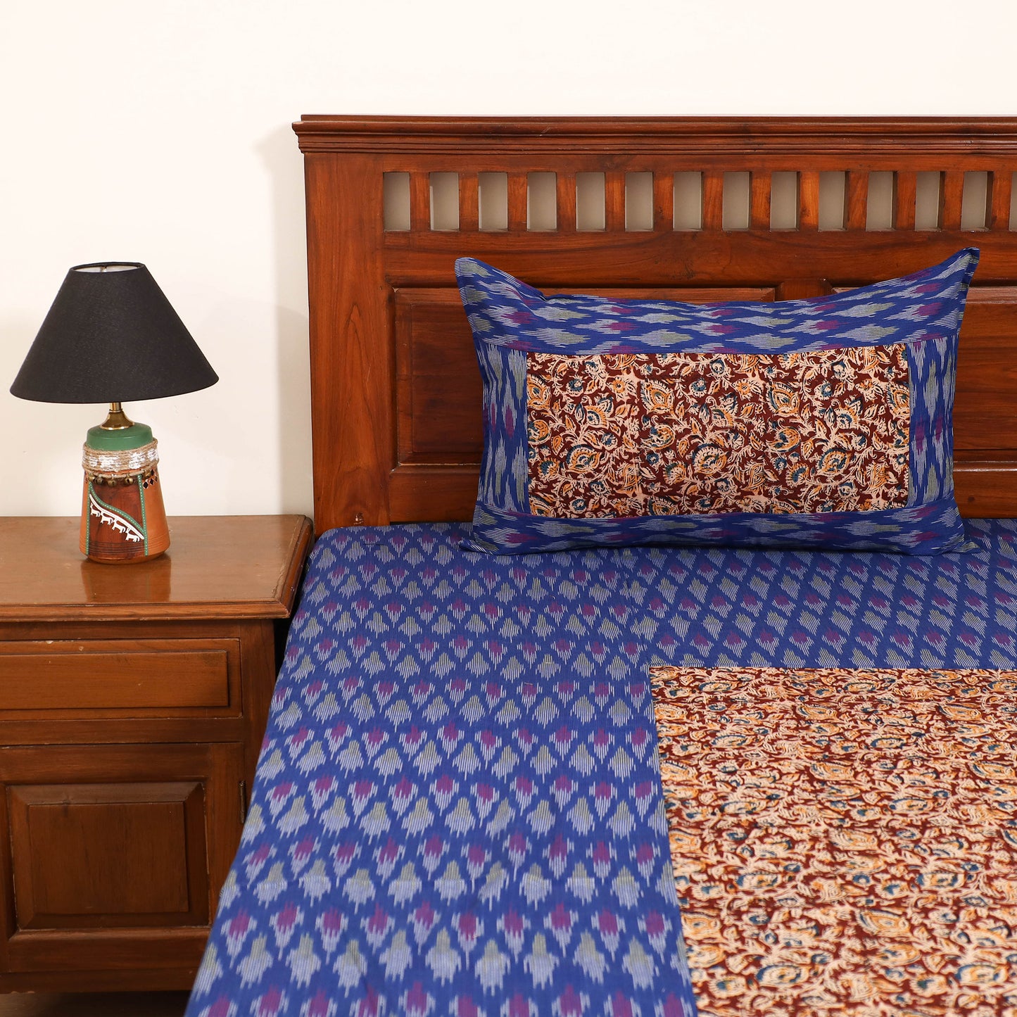 Pochampally Ikat with Kalamkari Patch Cotton Double Bedsheet Set (108 x 90 in) 08