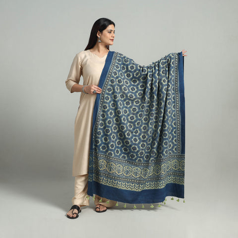 Blue - Hand Block Printed Cotton Ajrakh Dupatta 14