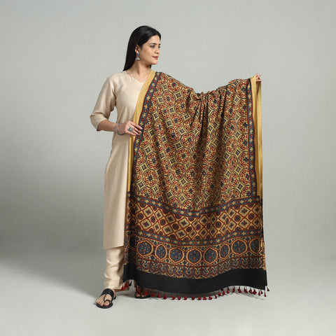 Yellow - Hand Block Printed Cotton Ajrakh Dupatta 15