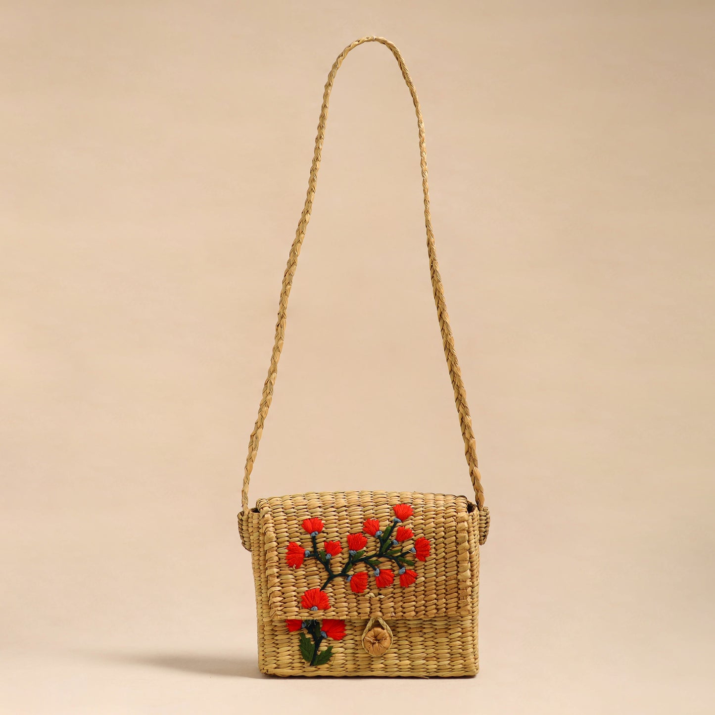 Orange Handcrafted Natural Water Reed Embroidered Sling Bag 