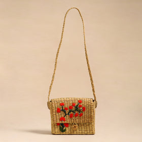 Orange Handcrafted Natural Water Reed Embroidered Sling Bag 