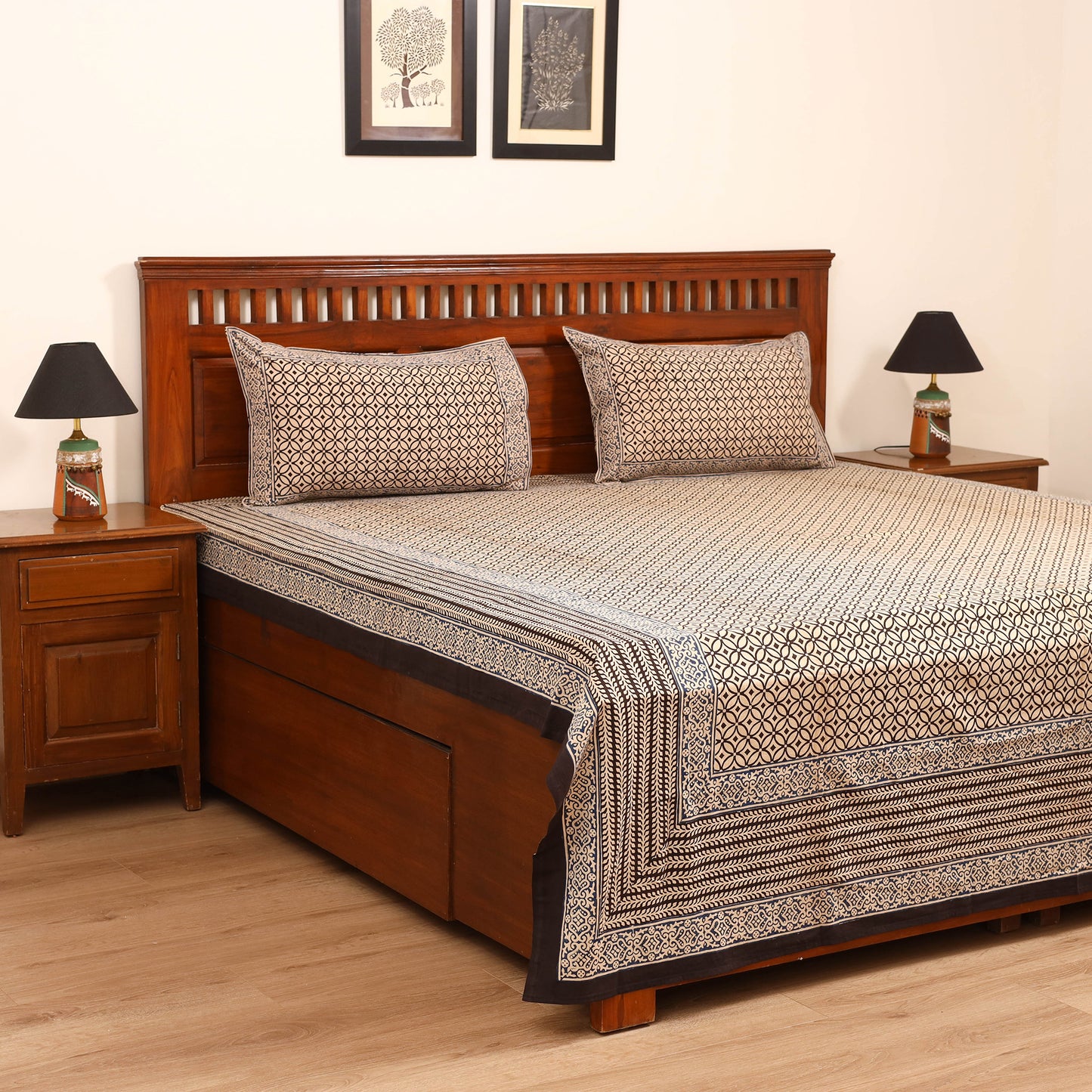Bagru Hand Block Print Natural Dyed Cotton Double Bedsheet Set (108 x 90 in) 14