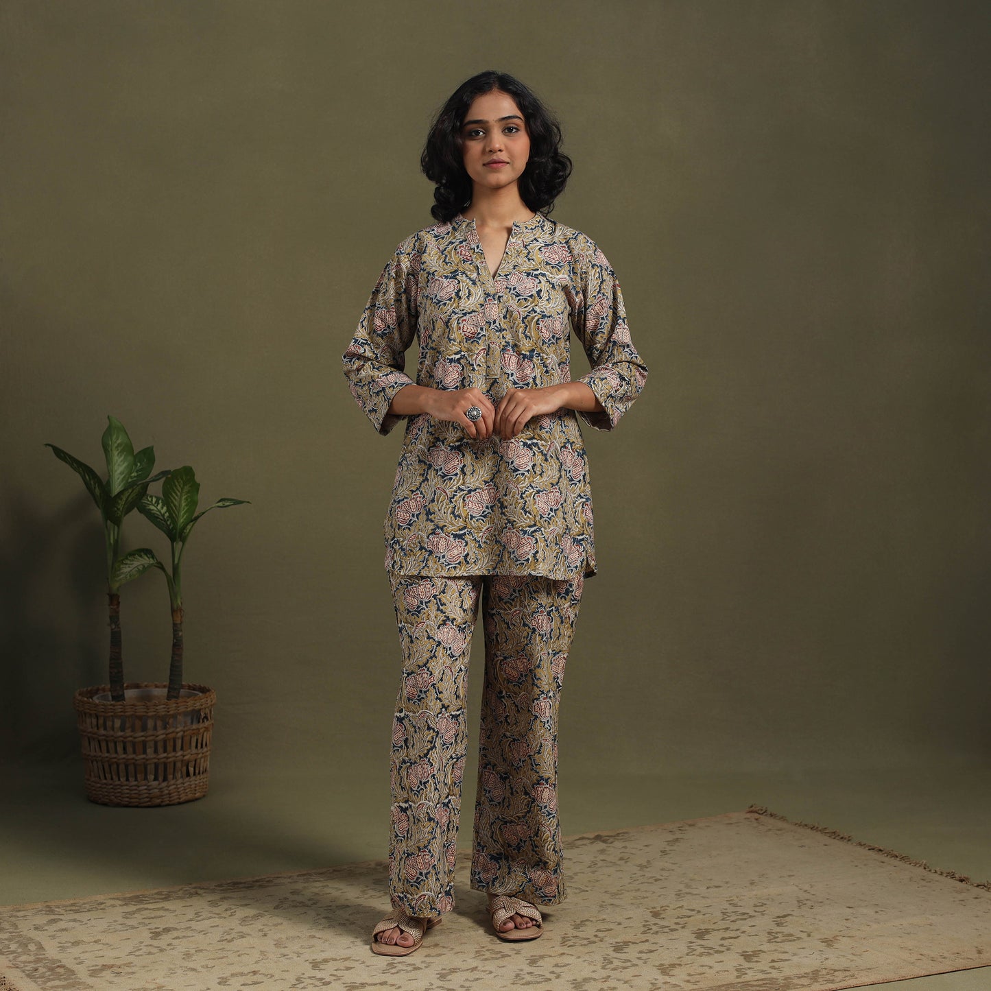 Yellow Pedana Natural Dyed Block Print Kalamkari Co-ord Set 