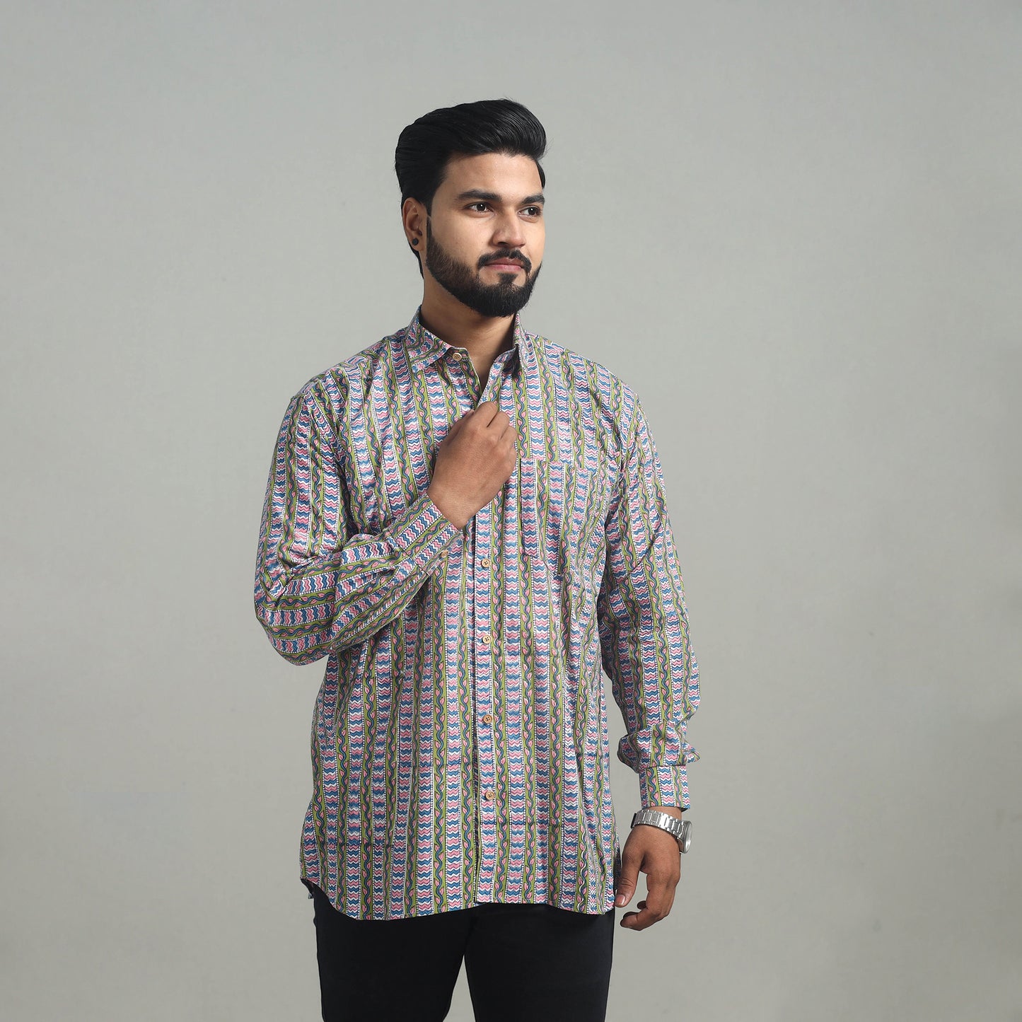 Multicolor - Full Sleeve Cotton Men Sanganeri Print Shirt 04