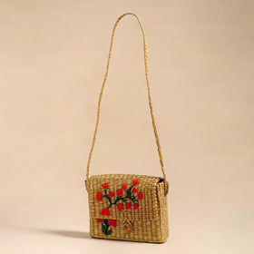Orange Handcrafted Natural Water Reed Embroidered Sling Bag 