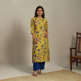 Yellow Printed Cotton Straight Kalamkari Kurta