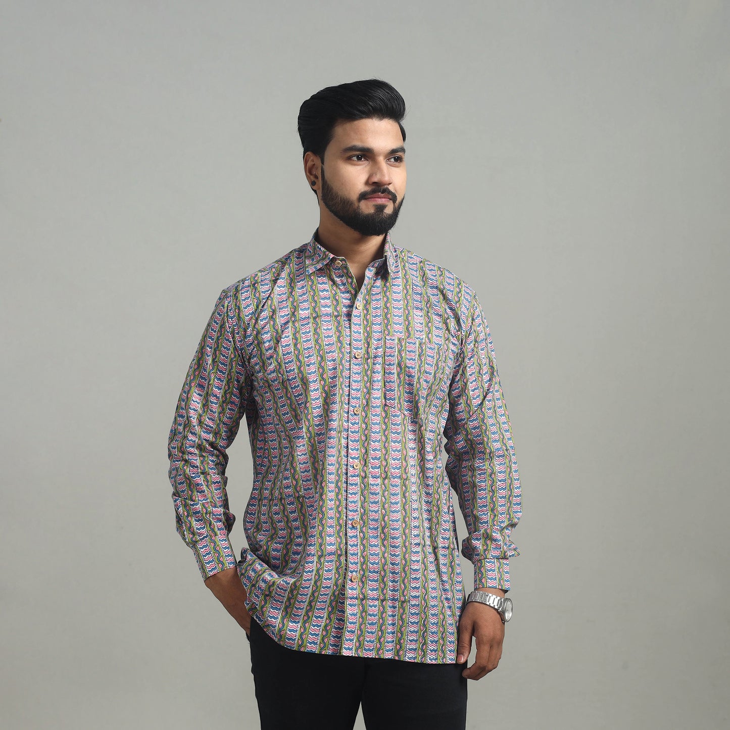 Multicolor - Full Sleeve Cotton Men Sanganeri Print Shirt 04