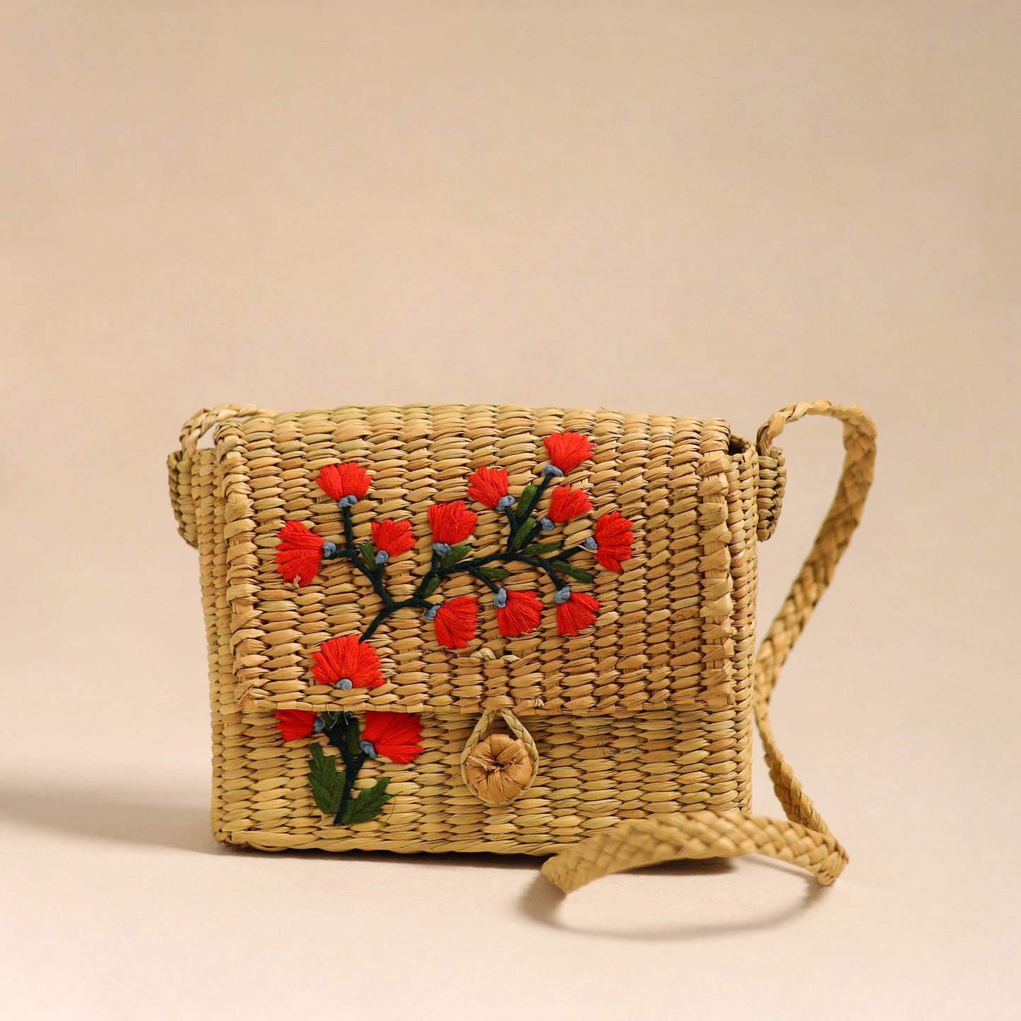 Orange Handcrafted Natural Water Reed Embroidered Sling Bag 