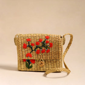 Orange Handcrafted Natural Water Reed Embroidered Sling Bag 