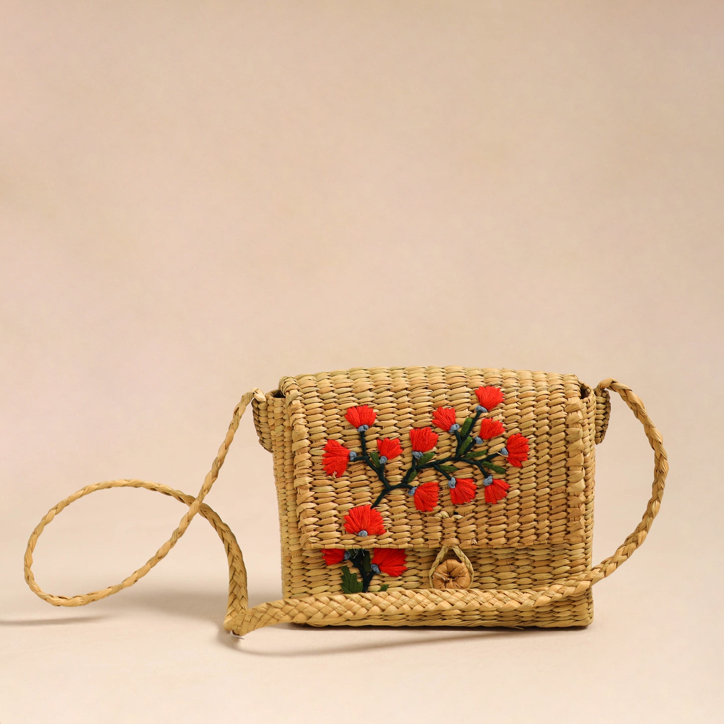 Orange Handcrafted Natural Water Reed Embroidered Sling Bag 