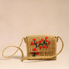 Orange Handcrafted Natural Water Reed Embroidered Sling Bag 
