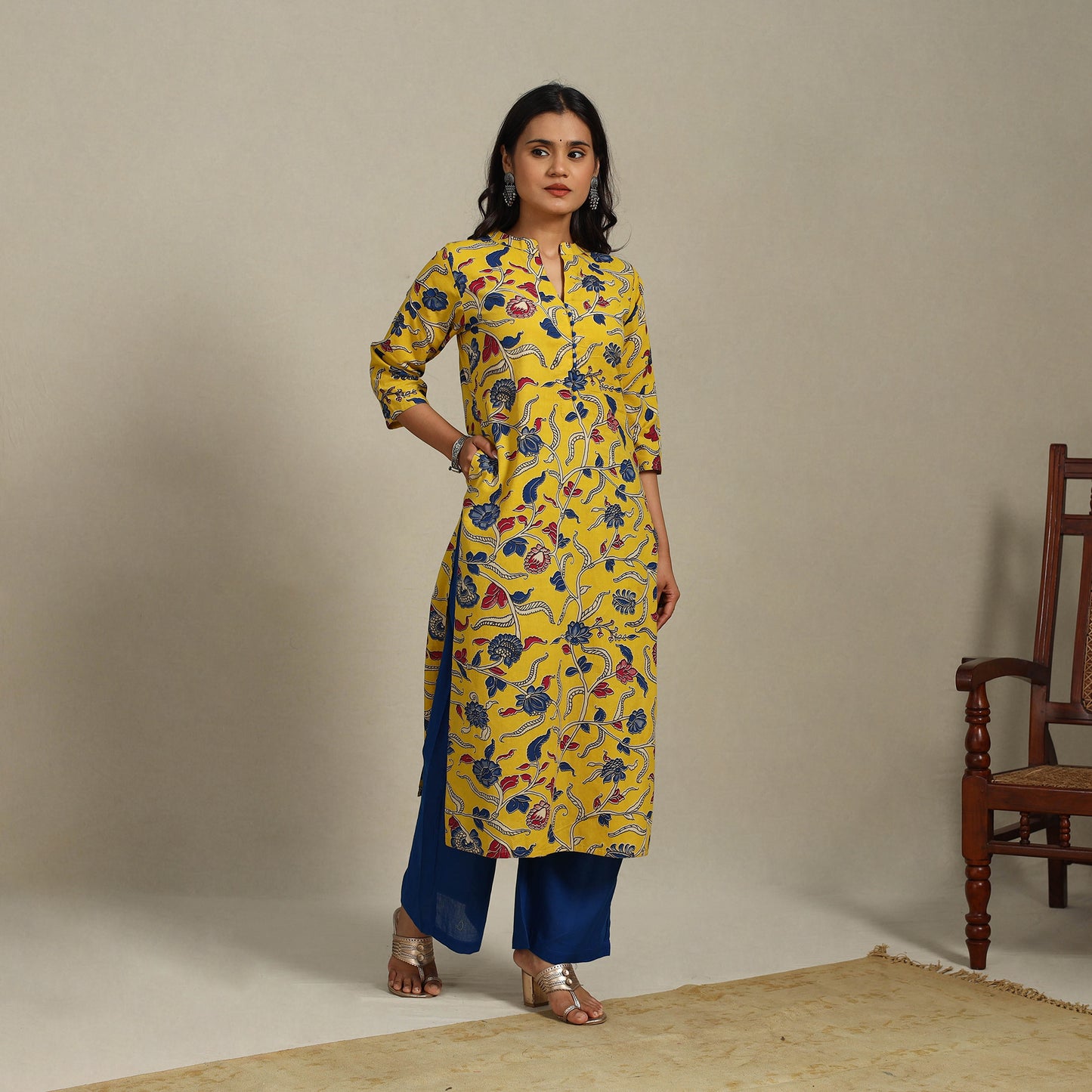 Yellow Printed Cotton Straight Kalamkari Kurta
