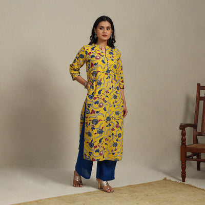 Yellow Printed Cotton Straight Kalamkari Kurta