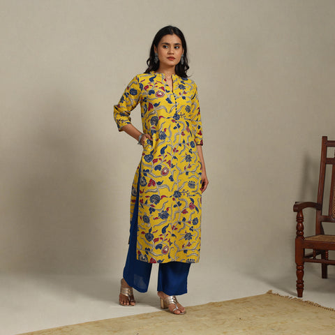 Yellow Printed Cotton Straight Kalamkari Kurta
