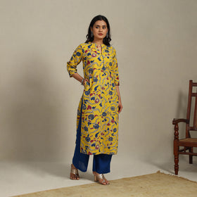 Yellow Printed Cotton Straight Kalamkari Kurta