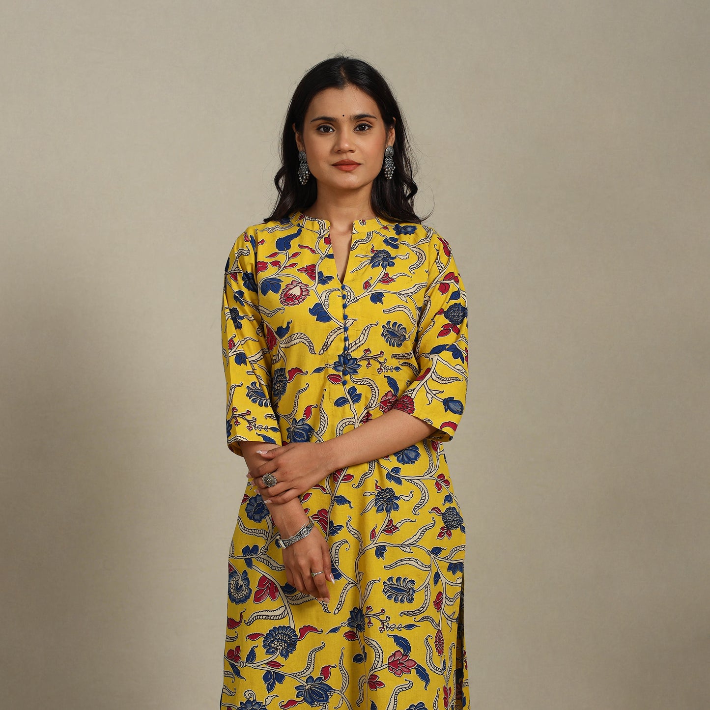 Yellow Printed Cotton Straight Kalamkari Kurta