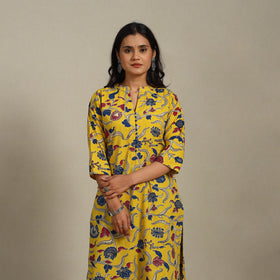 Yellow Printed Cotton Straight Kalamkari Kurta