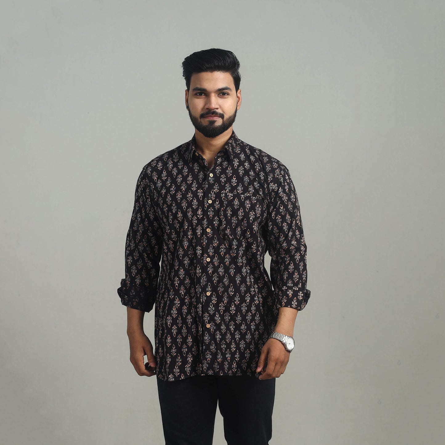 Black - Natural Dyed Cotton Men Ajrakh Print Shirt 03