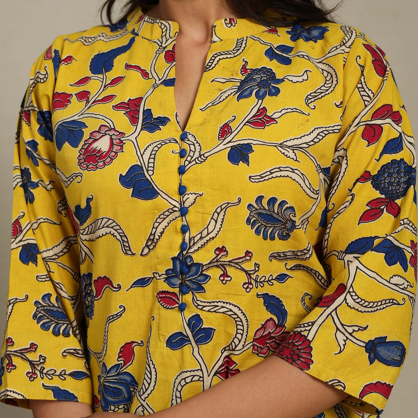 Yellow Printed Cotton Straight Kalamkari Kurta
