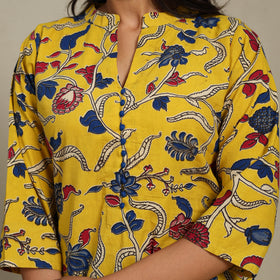 Yellow Printed Cotton Straight Kalamkari Kurta