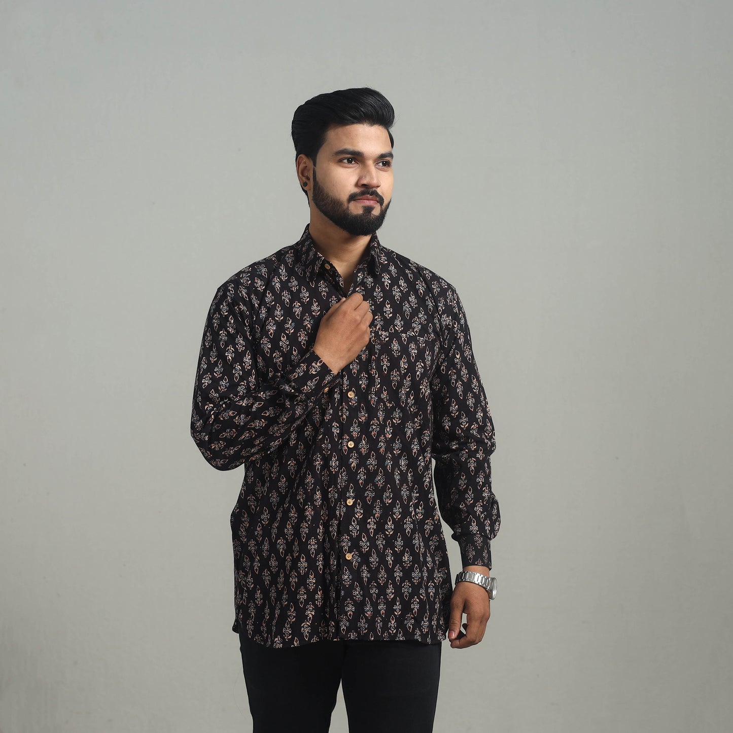 Black - Natural Dyed Cotton Men Ajrakh Print Shirt 03