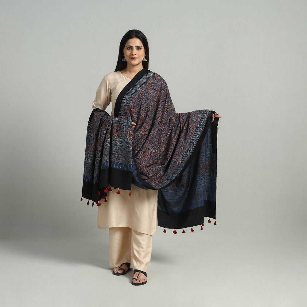 Hand Block Printed Cotton Ajrakh Dupatta 16