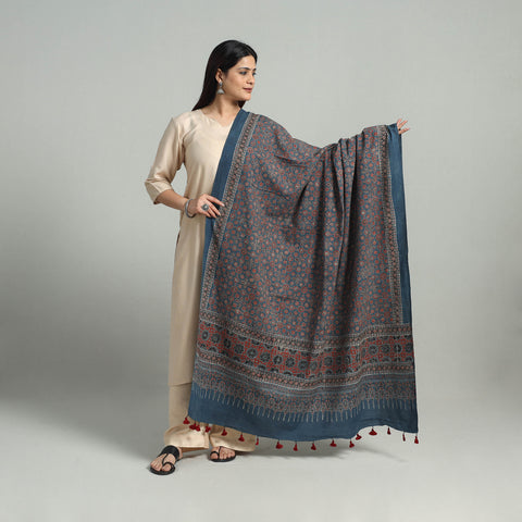 Blue - Hand Block Printed Cotton Ajrakh Dupatta 17