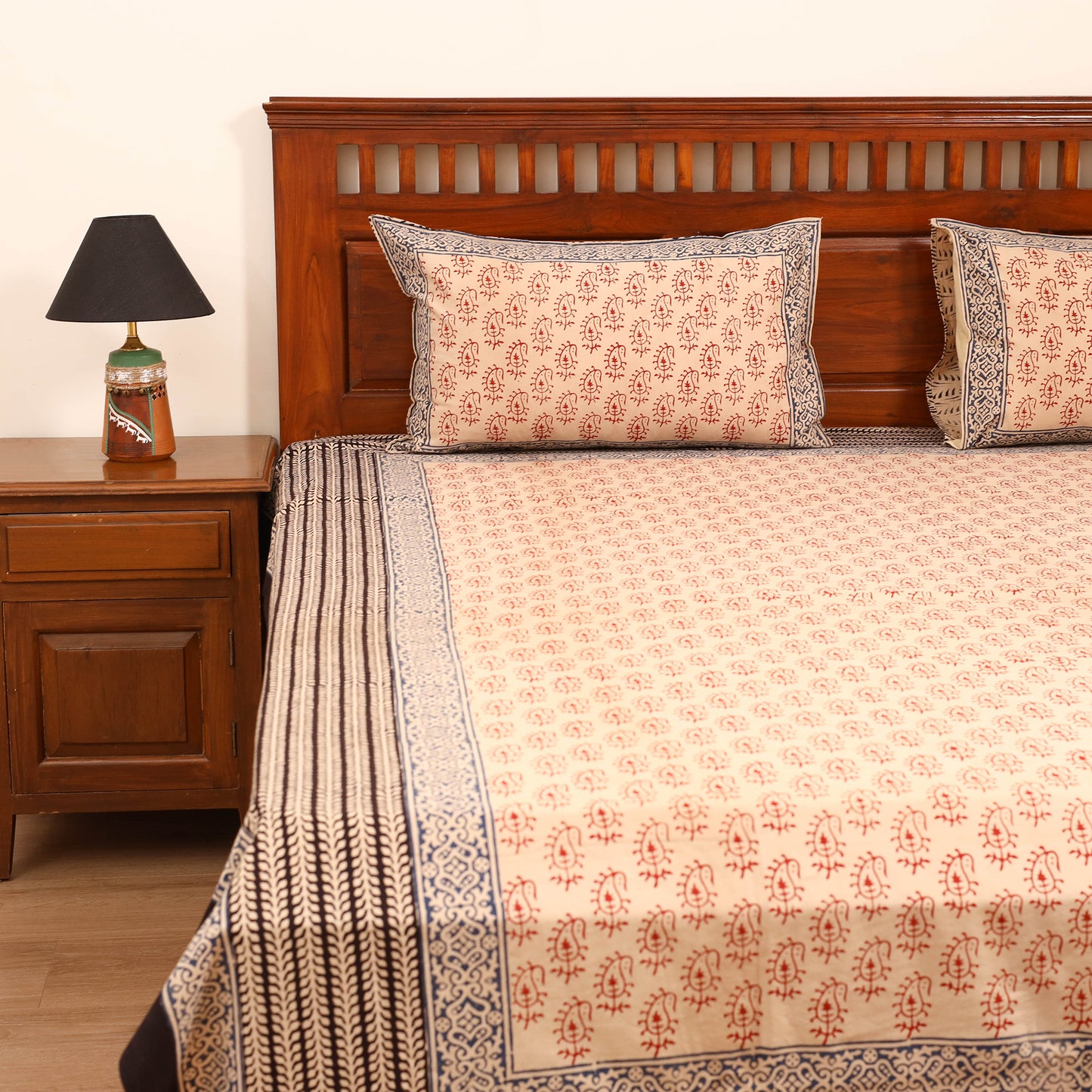 Bagru Hand Block Print Natural Dyed Cotton Double Bedsheet Set (108 x 90 in) 15