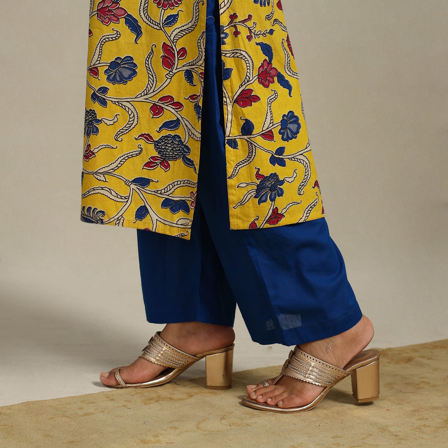 Yellow Printed Cotton Straight Kalamkari Kurta