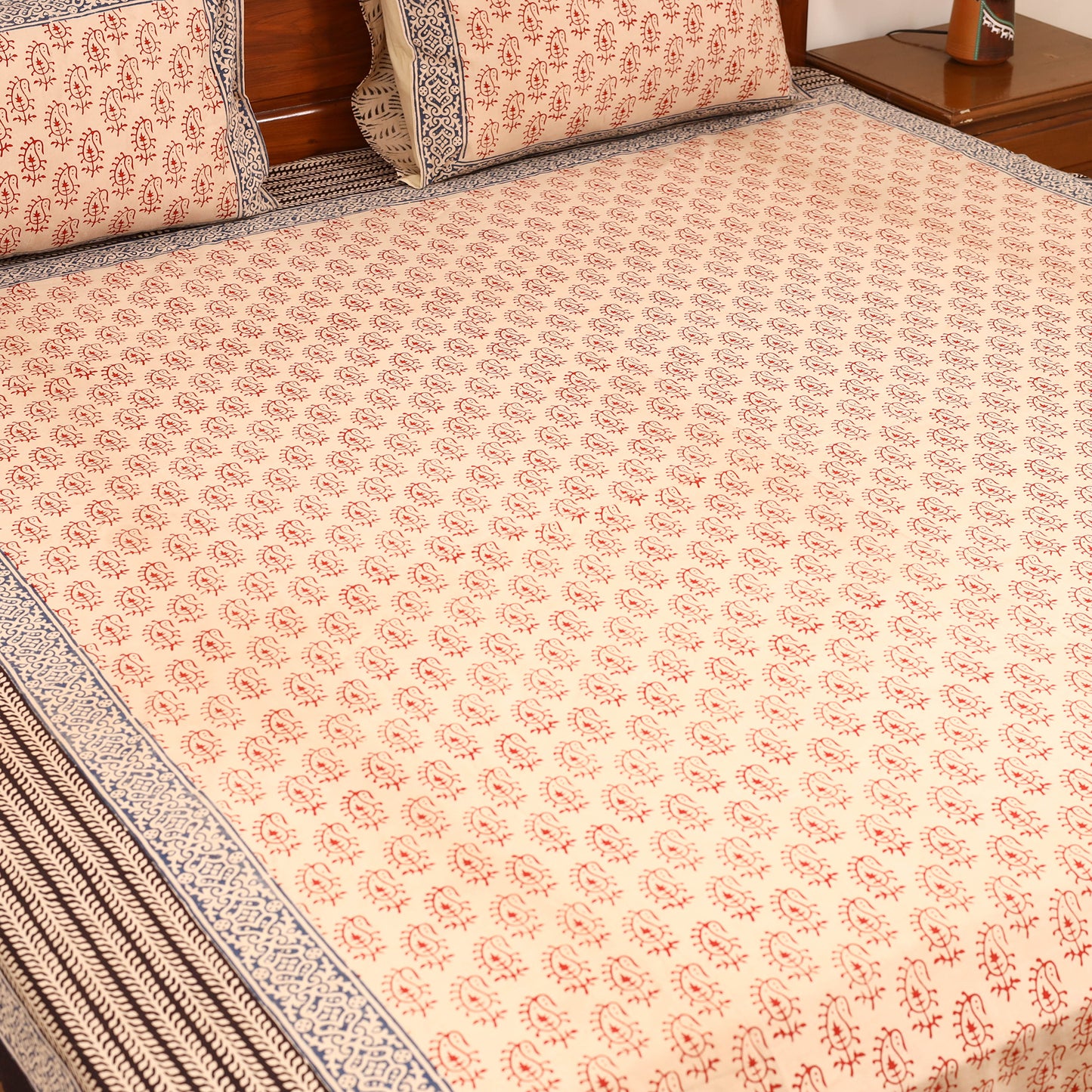 Bagru Hand Block Print Natural Dyed Cotton Double Bedsheet Set (108 x 90 in) 15